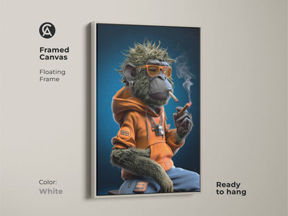 This is a white framed canvas of a graffiti monkey art print. The urban street art canvas features a monkey in an orange hoodie smoking. Its ready to hang. This eclectic home decor is a cool hip hop fan gift.