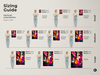 Discover the perfect size for your abstract art print. Our sizing guide shows vertical orientation options. Sizes range from small to large. Options include canvas and poster prints. Visualize how each size fits in your space. Find the ideal artwork dimensions for your home decor needs today.