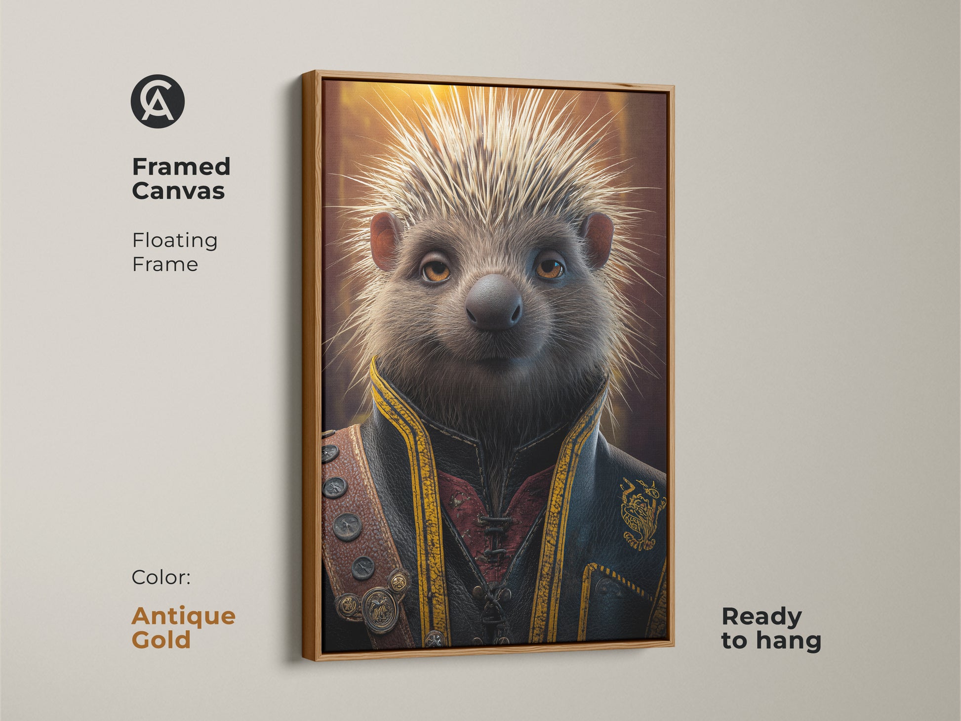 Antique gold framed canvas art of a steampunk hedgehog. This Victorian animal portrait features a floating frame. A gold yellow brown gift for eclectic decor lovers.