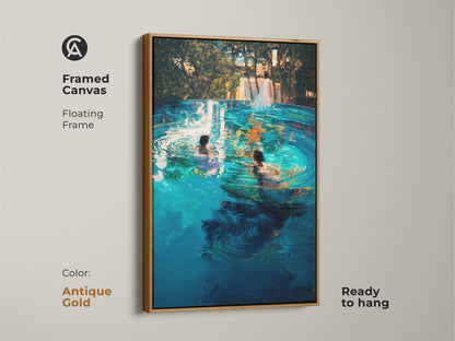 Antique gold framed canvas with turquoise infinity pool artwork. The art piece shows a couple swimming. This elegant floating frame is ready to hang. It adds luxury and style to contemporary living spaces.