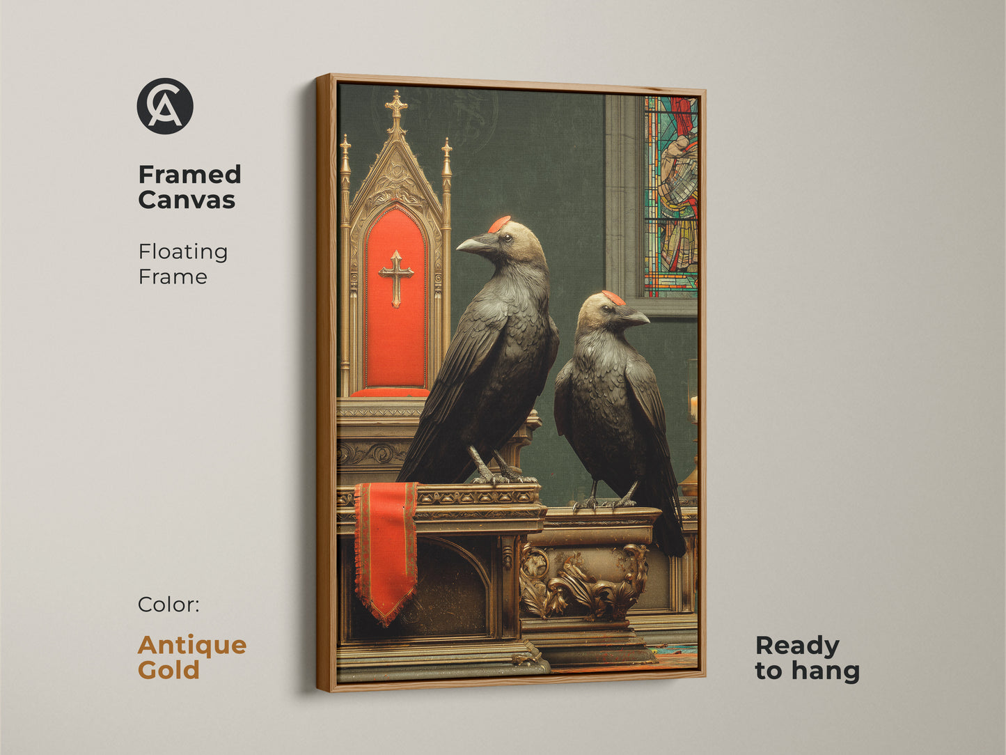 Framed Canvas of Gothic Crow Artwork is in an antique gold floating frame. Featuring religious symbolism art with altar decor it enhances your space. Victorian era-inspired print makes great gothic home office decor.