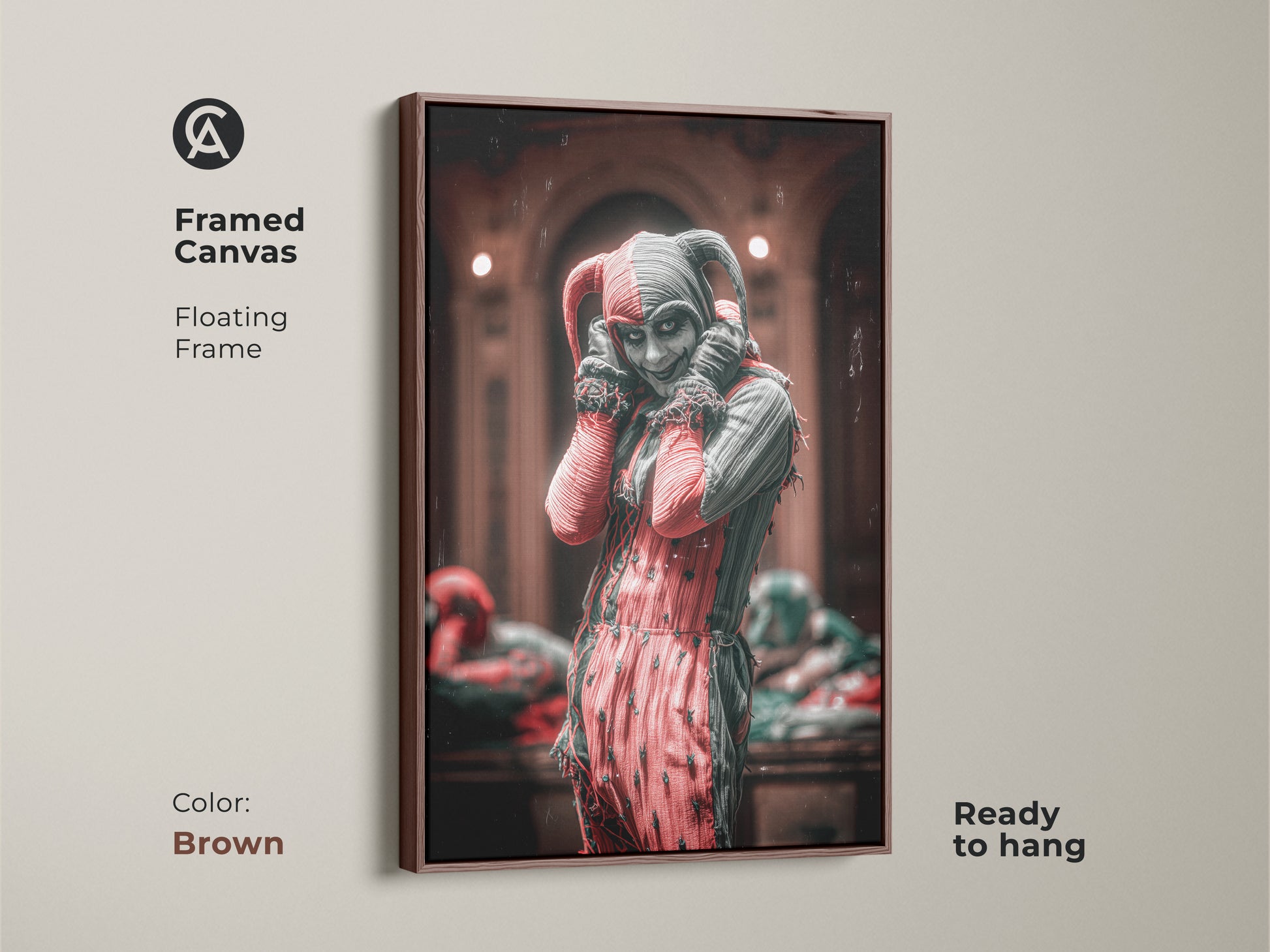 A unique fantasy wall art featuring a framed canvas. This crimson red jester art has a brown floating frame. Perfect for lovers of victorian gothic decor. An ideal art for alternative spaces and gothic decor enthusiasts. Ready to hang.