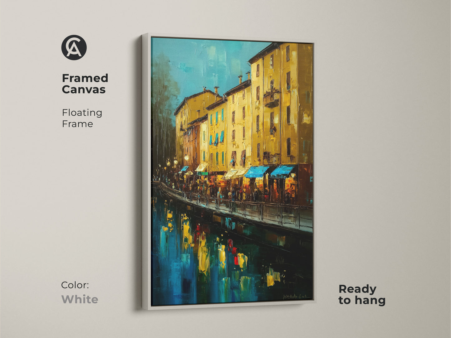 Framed Canvas with a floating white frame. The artwork is ready to hang. The Italian canal scene features buildings in yellow ochre and deep blue. This impressionistic waterfront painting brings European charm.