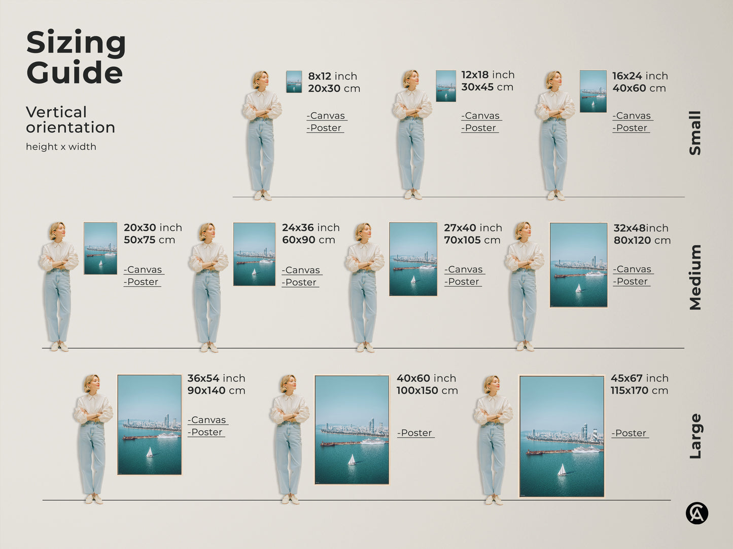 Sizing Guide for vertical artwork orientation. Available as canvas or poster in sizes from small to large. Find the perfect fit for your space with this ocean cityscape art.