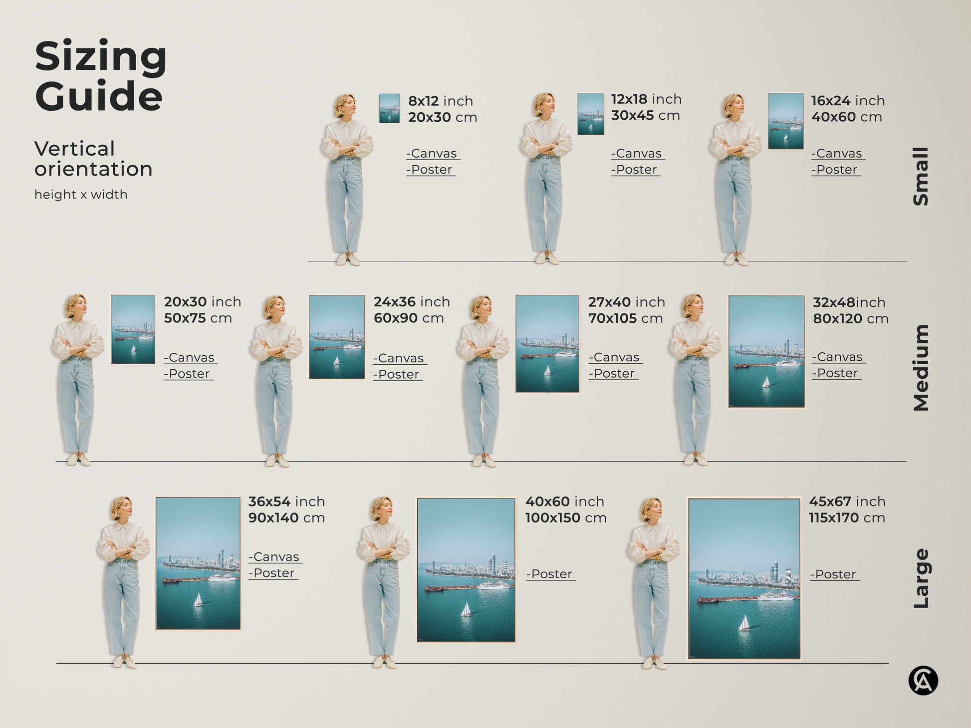 Sizing Guide for vertical artwork orientation. Available as canvas or poster in sizes from small to large. Find the perfect fit for your space with this ocean cityscape art.