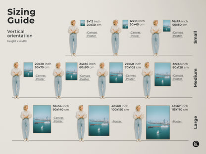 Sizing Guide for vertical artwork orientation. Available as canvas or poster in sizes from small to large. Find the perfect fit for your space with this ocean cityscape art.