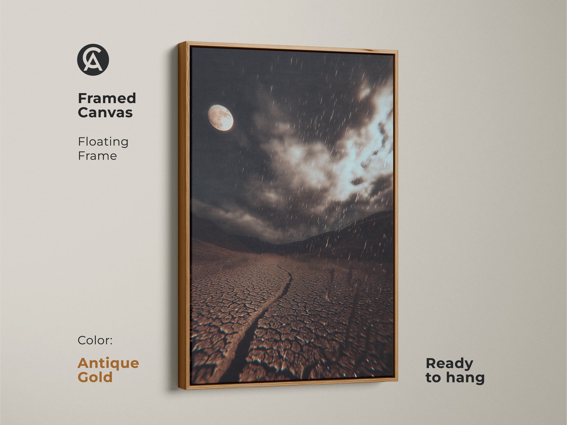 Antique gold framed canvas art. It shows a surreal moonlit desert landscape. This dark brown cracked earth art is ready to hang. It has a grey rainy night sky.