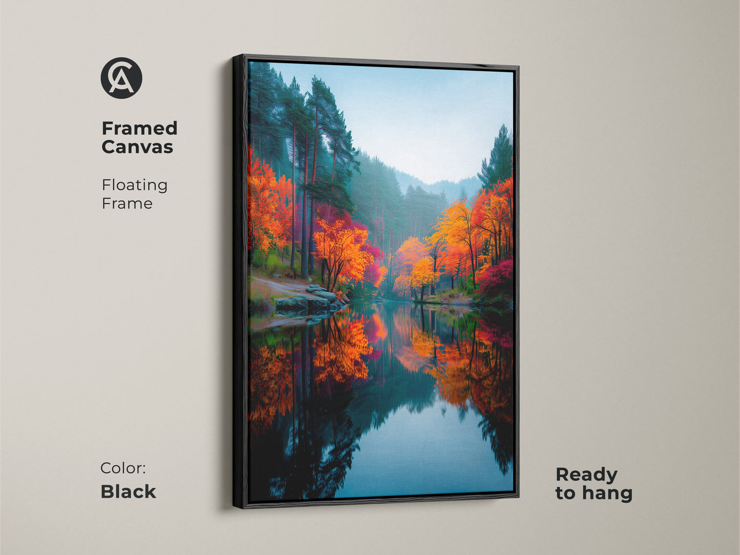 Framed canvas featuring colorful autumn trees reflecting in a lake. The black floating frame adds a touch of elegance. This ready to hang artwork brings nature indoors. Shop framed prints.