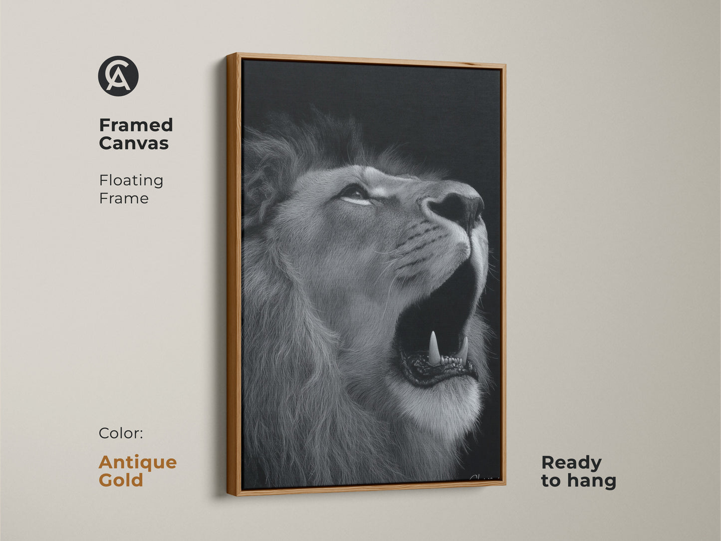 Photorealistic lion canvas in an antique gold floating frame. This framed monochrome wildlife art is ready to hang. Its a contemporary black and white animal artwork. A sophisticated piece perfect for modern home decor or a gift for animal lover. Captivating lion art.