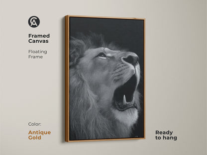 Photorealistic lion canvas in an antique gold floating frame. This framed monochrome wildlife art is ready to hang. Its a contemporary black and white animal artwork. A sophisticated piece perfect for modern home decor or a gift for animal lover. Captivating lion art.