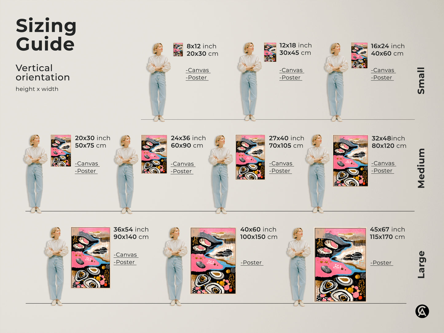 Sizing guide for Abstract Coastal Canvas Wall Art. Find the perfect fit for your space with various sizes. Enhance your residential wall art with this boho coastal artwork.