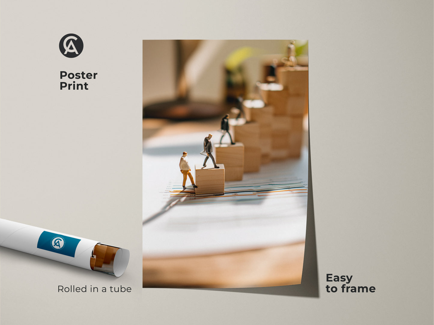 This is a poster print of miniature figures climbing wooden blocks. This conceptual business print is easy to frame. The art piece is motivational decor for offices. It shows teamwork and goals. This artwork is rolled in a tube for convenient shipping.