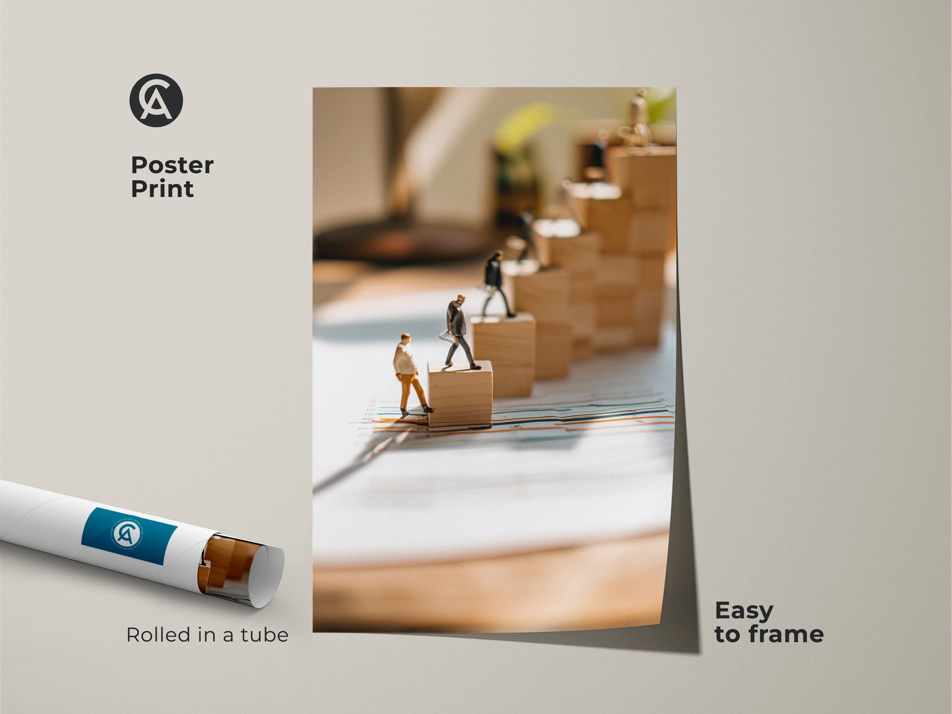 This is a poster print of miniature figures climbing wooden blocks. This conceptual business print is easy to frame. The art piece is motivational decor for offices. It shows teamwork and goals. This artwork is rolled in a tube for convenient shipping.