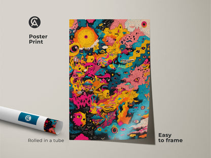 Poster print showcasing colorful abstract eye artwork. The poster is rolled in a tube for easy framing. Get museum-quality paper prints. This unique poster adds a modern touch to any room. Easy to frame and display.