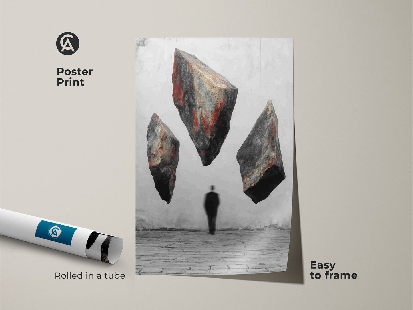 Poster print presents conceptual floating rocks artwork with a man in suit silhouette. The red black gray abstract creates a thought-provoking scene. This surrealism abstract art is rolled in a tube for easy framing. Enhance your study room with this unique philosophical thinker gift. Perfect for eclectic home decor.