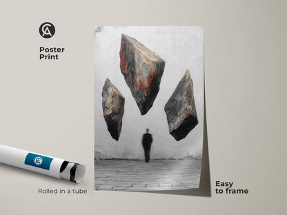 Poster print presents conceptual floating rocks artwork with a man in suit silhouette. The red black gray abstract creates a thought-provoking scene. This surrealism abstract art is rolled in a tube for easy framing. Enhance your study room with this unique philosophical thinker gift. Perfect for eclectic home decor.