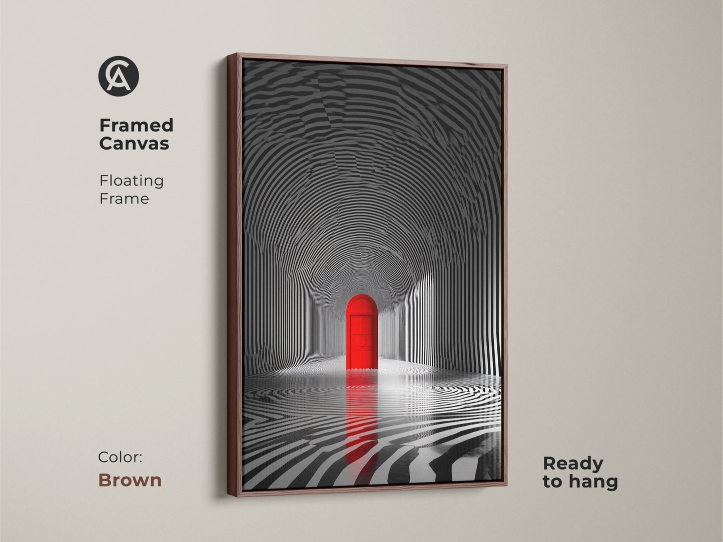 Framed canvas artwork with a black and white striped tunnel. A red door at the tunnel's end adds a striking focal point. The piece features a brown floating frame. A ready-to-hang artwork that brings depth and sophistication. Complements modern interiors.