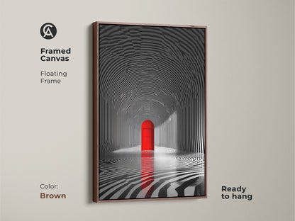 Framed canvas artwork with a black and white striped tunnel. A red door at the tunnel's end adds a striking focal point. The piece features a brown floating frame. A ready-to-hang artwork that brings depth and sophistication. Complements modern interiors.