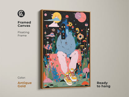Antique gold framed canvas art. This framed artwork features a figure in a colorful landscape. The floating frame adds a touch of class. It is ready to hang. Shop now!