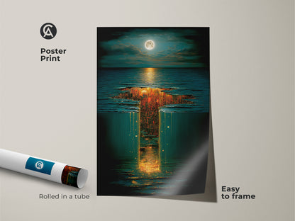 Poster print of a surreal underwater cityscape. The moonlit sky landscape features golden orange and deep blue wall art. Easy to frame this fantasy cityscape will add an eclectic touch to any room. A unique gift for lovers of dreamscape wall decor.