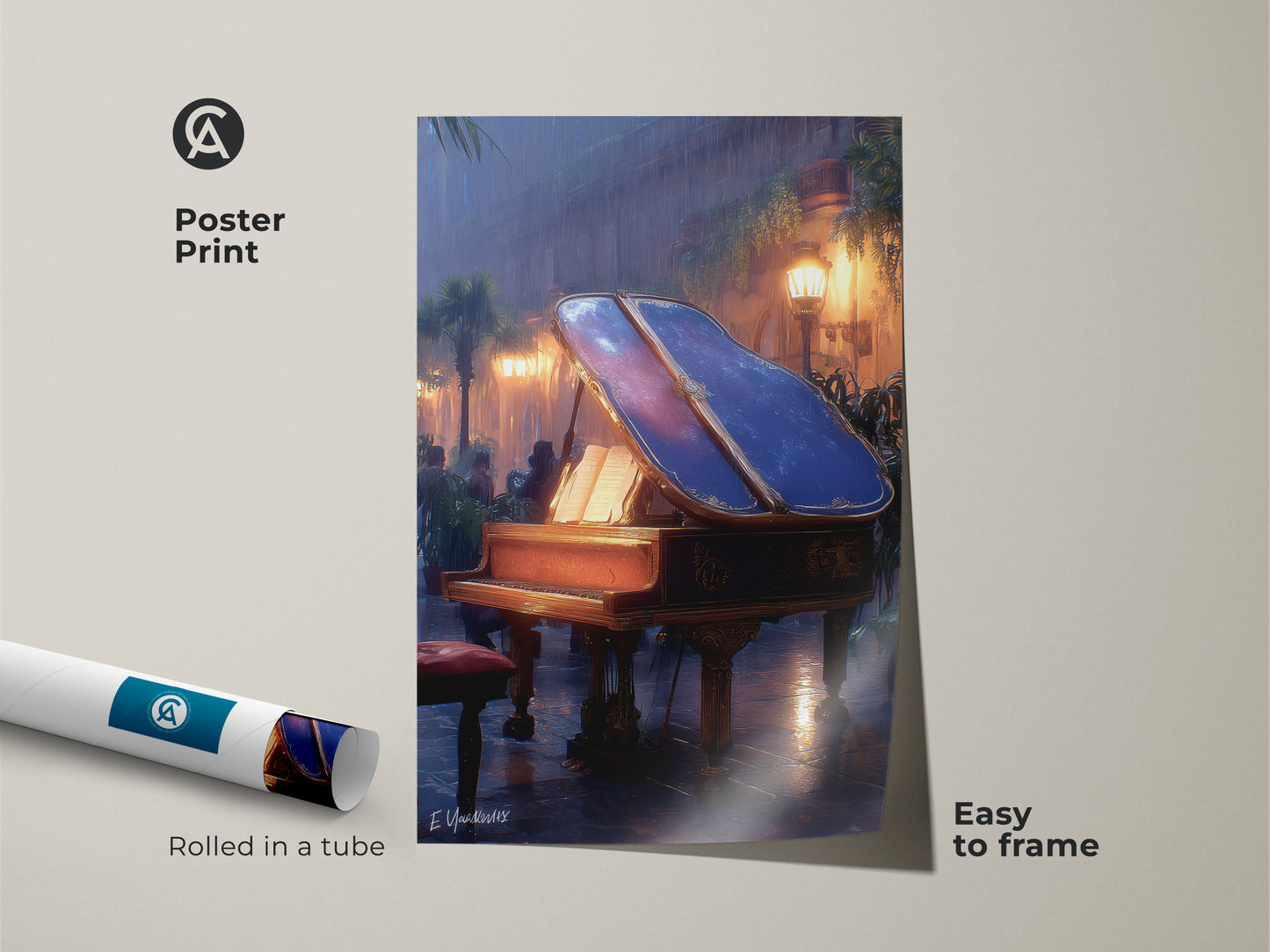 The Poster Print features a grand piano art piece rolled in a tube ready to frame. The mahogany amber blue artwork offers ambient music decor for any space. This cinematic scene canvas brings urban night art to your home. Easy to frame and display.