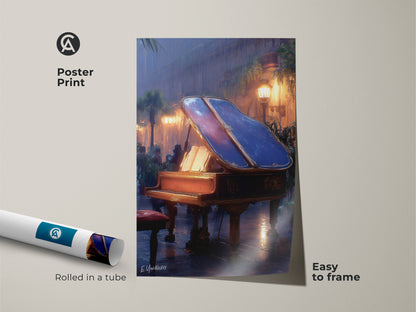 The Poster Print features a grand piano art piece rolled in a tube ready to frame. The mahogany amber blue artwork offers ambient music decor for any space. This cinematic scene canvas brings urban night art to your home. Easy to frame and display.