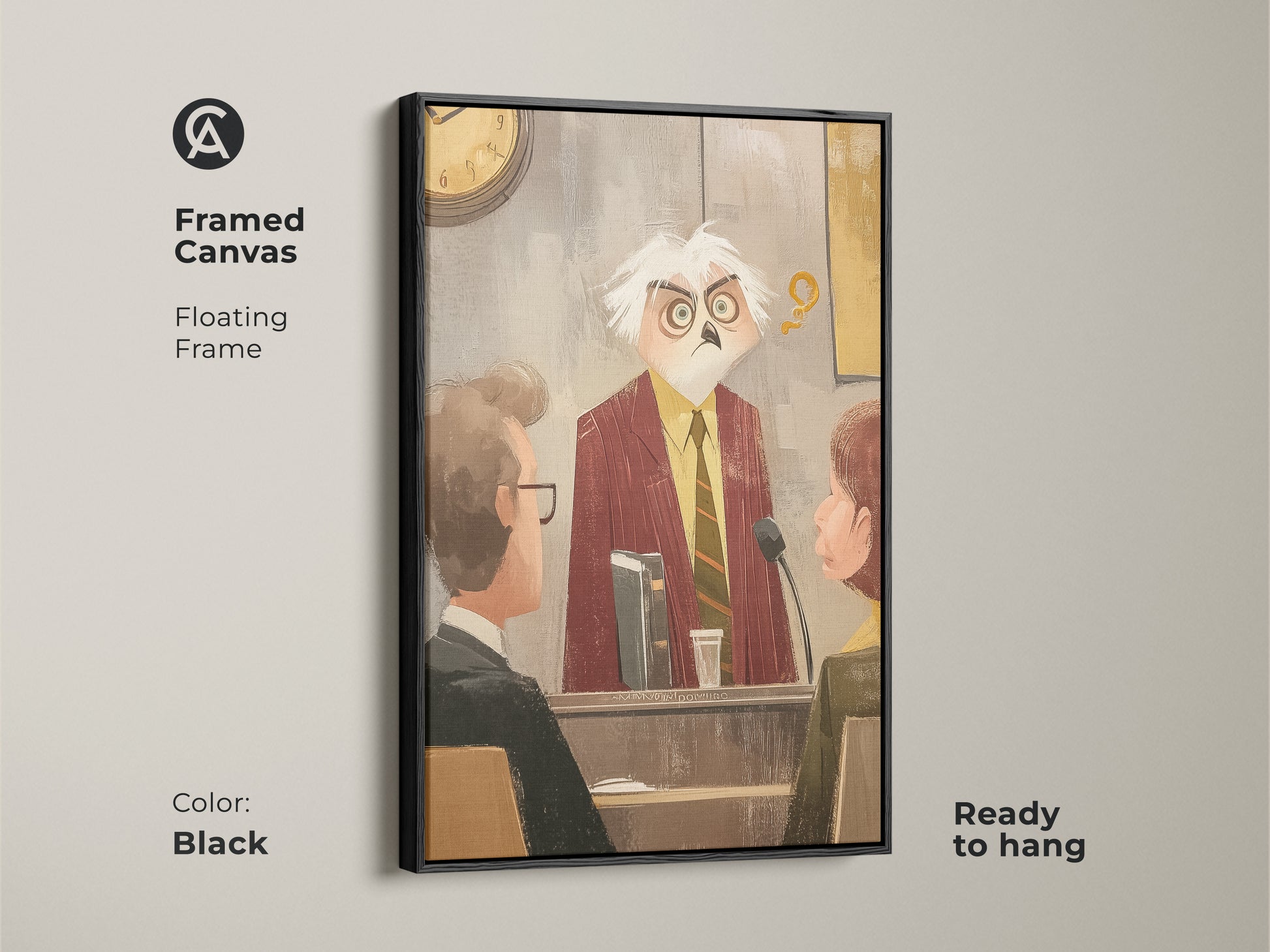 Framed canvas with a black floating frame featuring an owl judge. It is a funny gift idea for lawyers. This courtroom art print adds character to office walls. Ready to hang this eclectic piece brings a unique and legal touch.