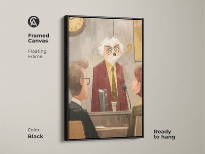 Framed canvas with a black floating frame featuring an owl judge. It is a funny gift idea for lawyers. This courtroom art print adds character to office walls. Ready to hang this eclectic piece brings a unique and legal touch.