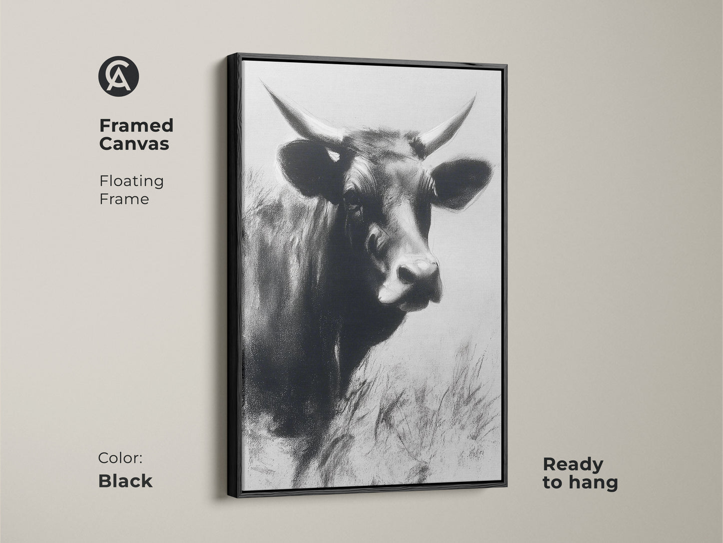 Framed canvas with a floating frame in black. Featuring monochrome cow art. This black and white farmhouse wall decor is ready to hang. Adds a touch of country to your living room or bedroom decor.