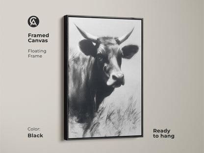 Framed canvas with a floating frame in black. Featuring monochrome cow art. This black and white farmhouse wall decor is ready to hang. Adds a touch of country to your living room or bedroom decor.
