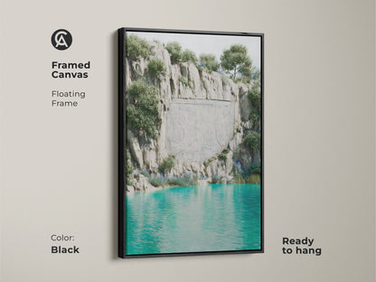 Framed canvas of a surreal cliff landscape in a black floating frame. Ready to hang artwork featuring teal gray turquoise water. Fantasy nature carved stone artwork adds an eclectic touch. Ideal for residential wall art. A unique housewarming gift for travel enthusiasts.