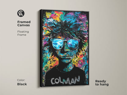 Framed canvas art in a black floating frame. Ready to hang. This Colman artwork features a person with sunglasses. The lenses reflect a beach scene. The background has colorful graffiti. Buy this framed art today.