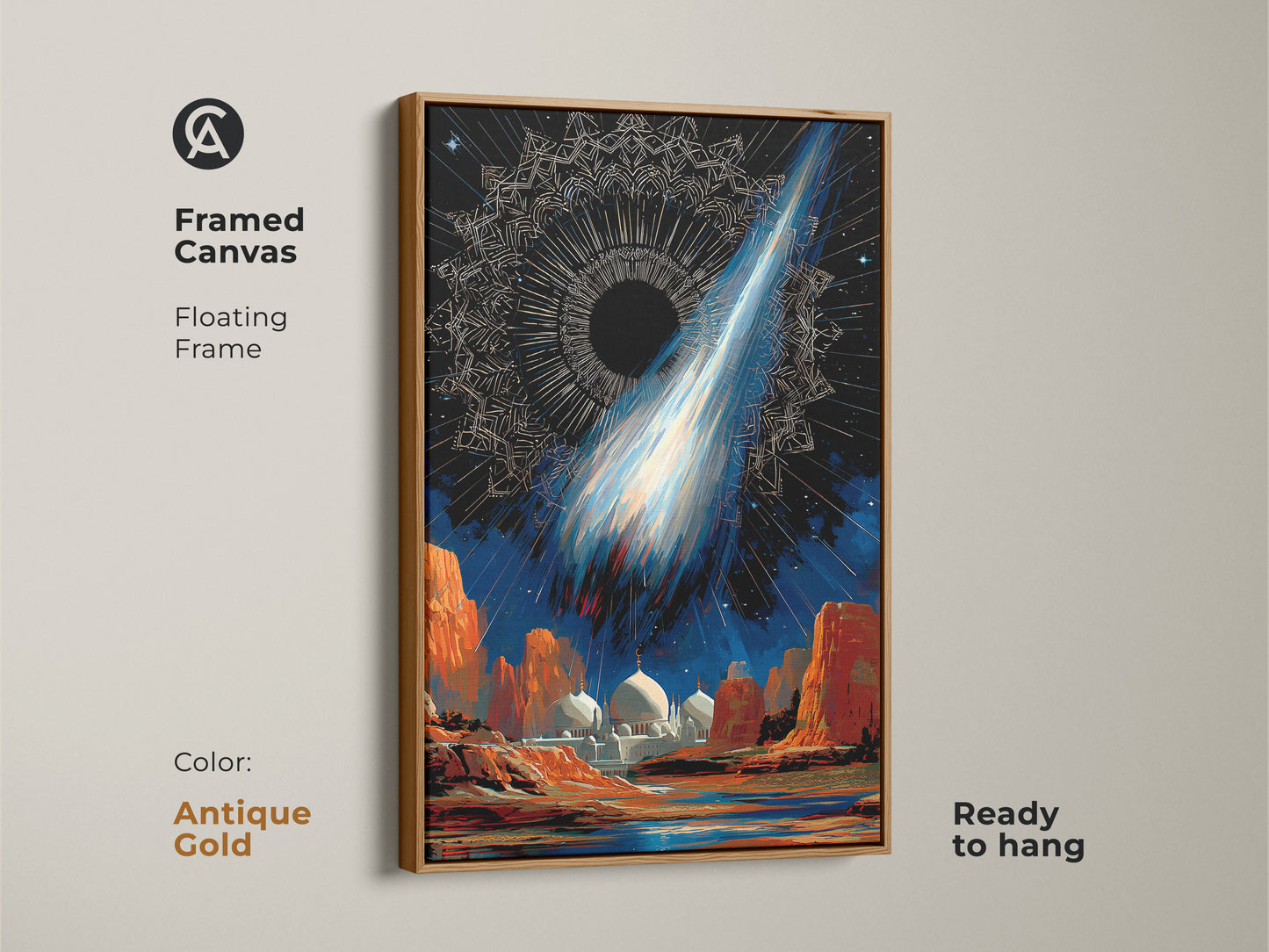 Framed Canvas in Antique Gold showcasing surreal space mosque artwork. A floating frame highlights the celestial comet wall art. The cosmic night sky decor features deep blue and orange tones. This abstract celestial print is ready to hang in any room.