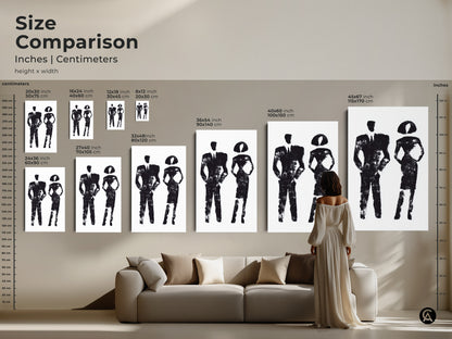 Black and white abstract man and woman art in a contemporary setting. This minimalist art print is ideal for modern office wall decor. This monochrome canvas art serves as a unique business gift.