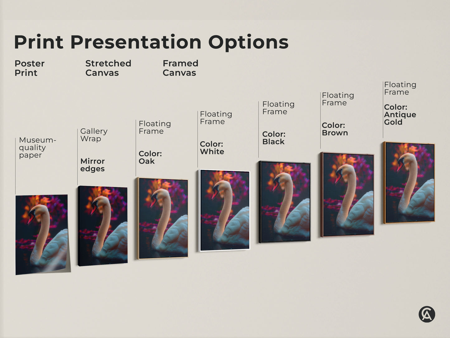 Explore print presentation options for this photorealistic swan artwork. Choose from poster print stretched canvas or framed canvas. Available with various frame colors like black brown antique gold and white. Find the perfect wildlife art for your home decor.