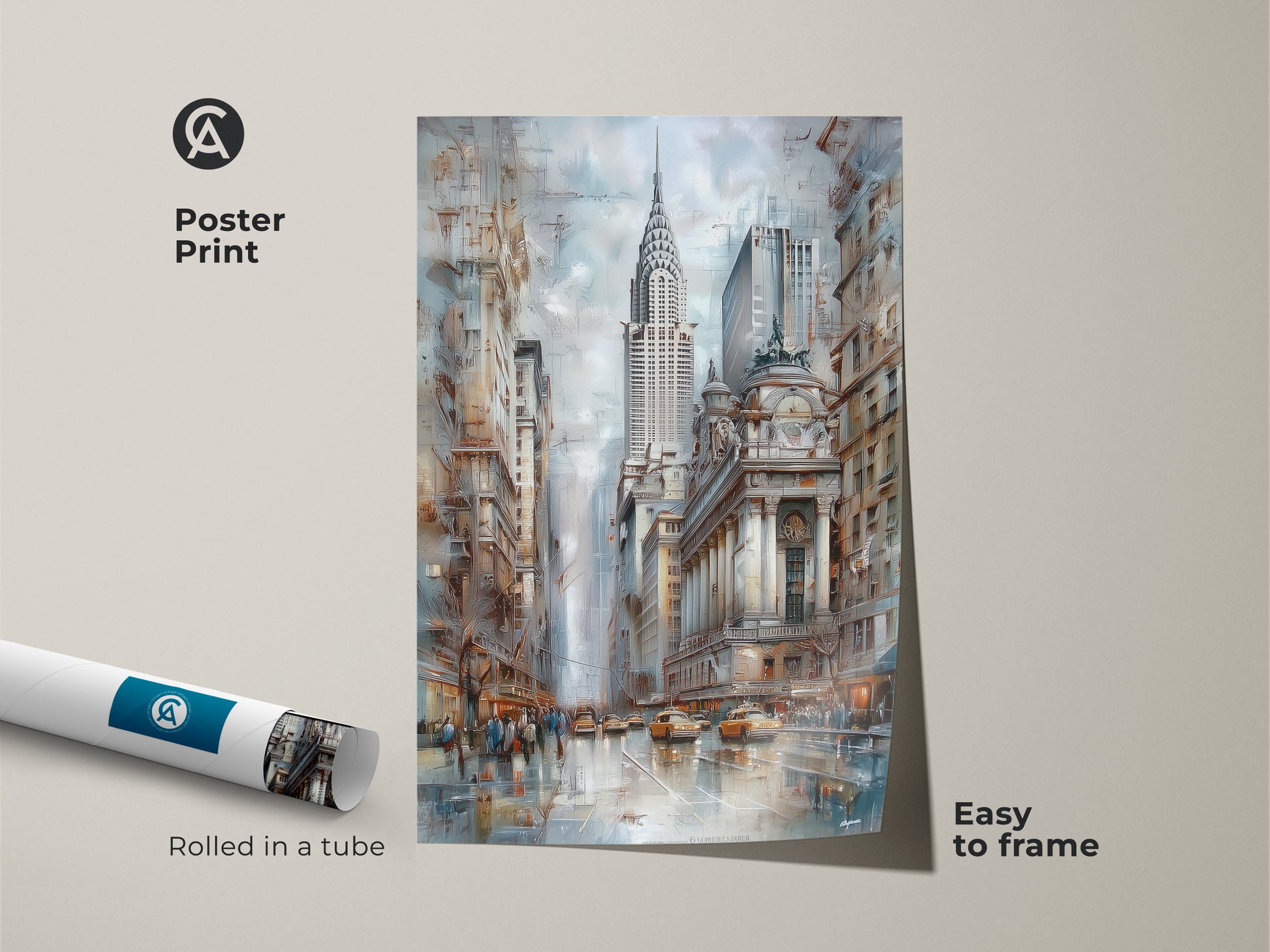 Poster print featuring the Chrysler Building and New York City skyline. The rolled art print is easy to frame. The contemporary blue brown and gray art decor is perfect for living room. This urban landscape painting is museum-quality.