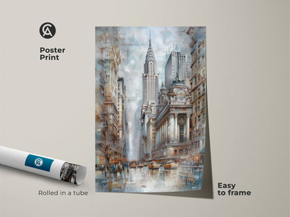 Poster print featuring the Chrysler Building and New York City skyline. The rolled art print is easy to frame. The contemporary blue brown and gray art decor is perfect for living room. This urban landscape painting is museum-quality.