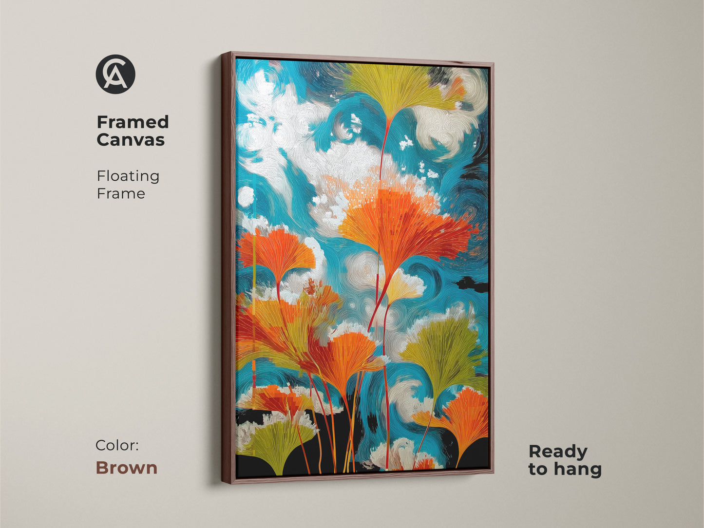 Framed canvas displays abstract ginkgo leaves artwork with a brown floating frame. A teal orange botanical canvas creates a swirling sky art print. A modern nature artwork piece for eclectic home decor. It is ready to hang for plant lovers seeking vibrant wall art.