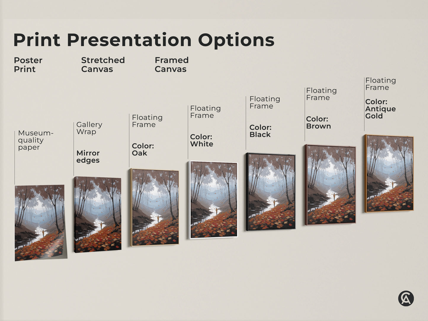 Print Presentation Options for Nature Landscape Canvas Art. Choose from poster print or stretched canvas. The framed canvas has floating frame options. Colors include black brown antique gold and oak. A perfect housewarming gift.
