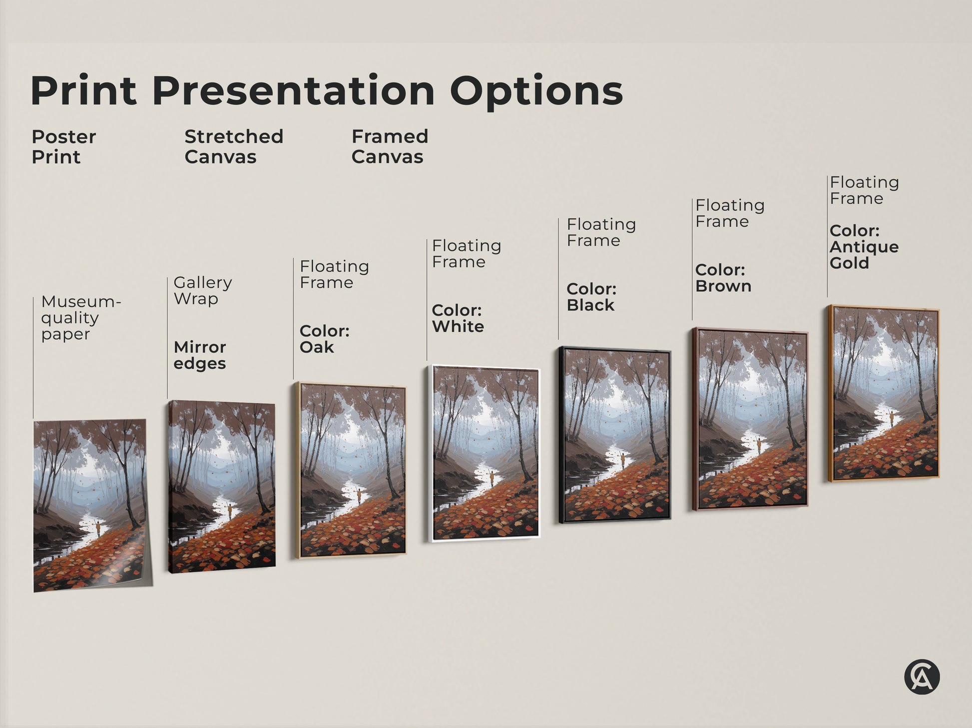 Print Presentation Options for Nature Landscape Canvas Art. Choose from poster print or stretched canvas. The framed canvas has floating frame options. Colors include black brown antique gold and oak. A perfect housewarming gift.