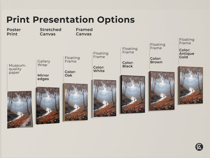 Print Presentation Options for Nature Landscape Canvas Art. Choose from poster print or stretched canvas. The framed canvas has floating frame options. Colors include black brown antique gold and oak. A perfect housewarming gift.