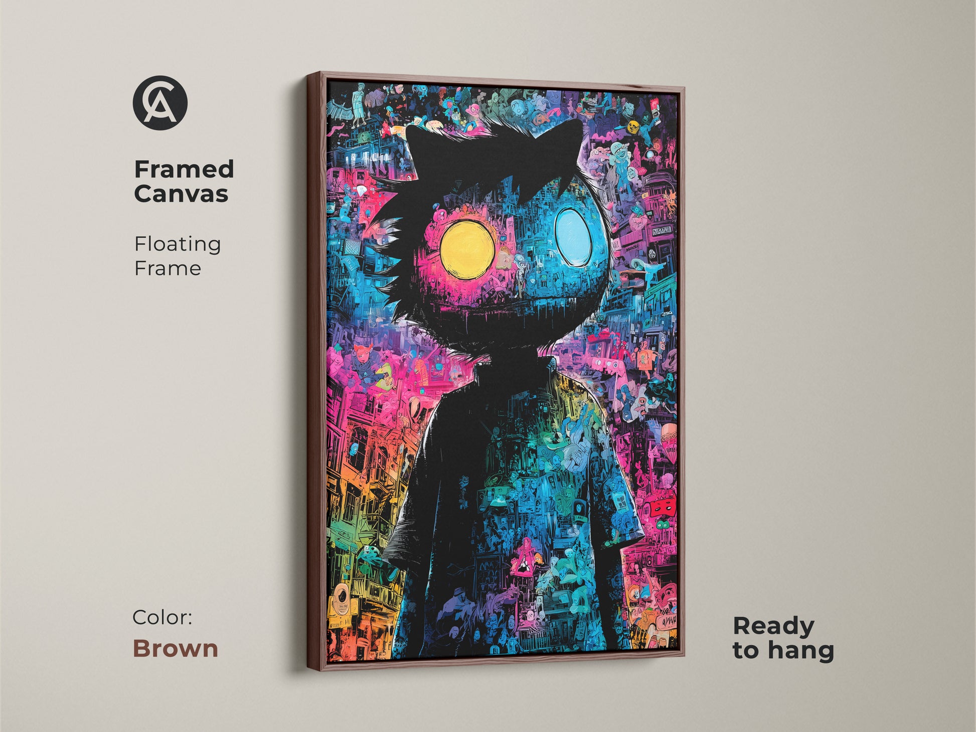 Framed canvas art showcasing a whimsical character with mismatched eyes. The floating frame in brown enhances the artwork's appeal. It is ready to hang to bring playful sophistication to any room. A perfect piece for collectors.