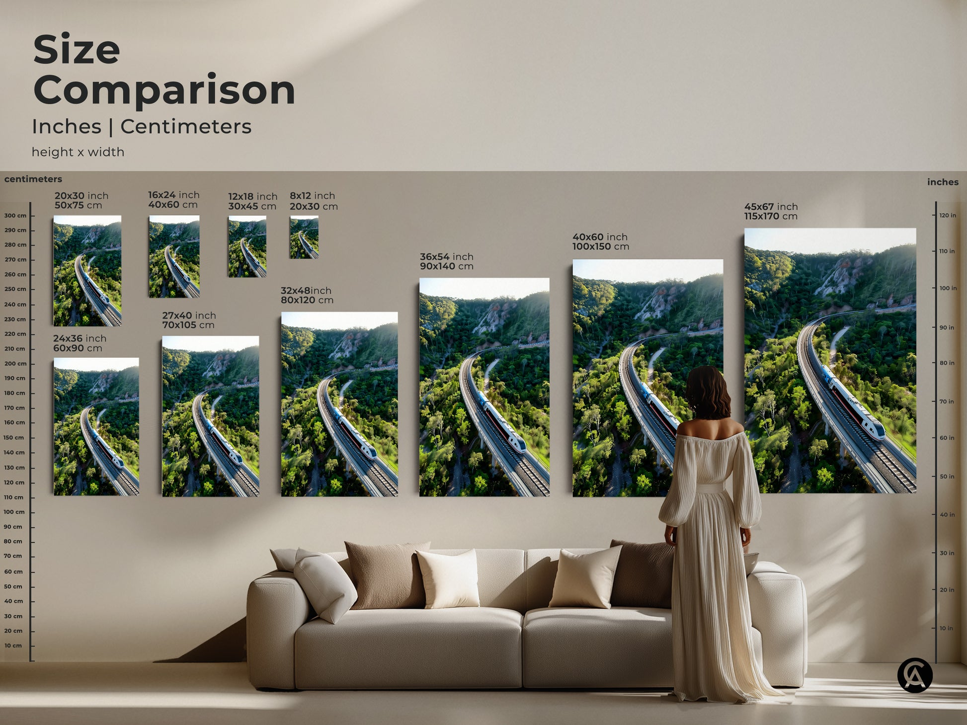 Compare sizes of this captivating aerial train artwork. See how the green mountain landscape art fits in various spaces. From a cozy living room to a modern office these canvas prints enhance any wall. Choose the perfect size to complement your home decor. Transform your space with this scenic train route art.