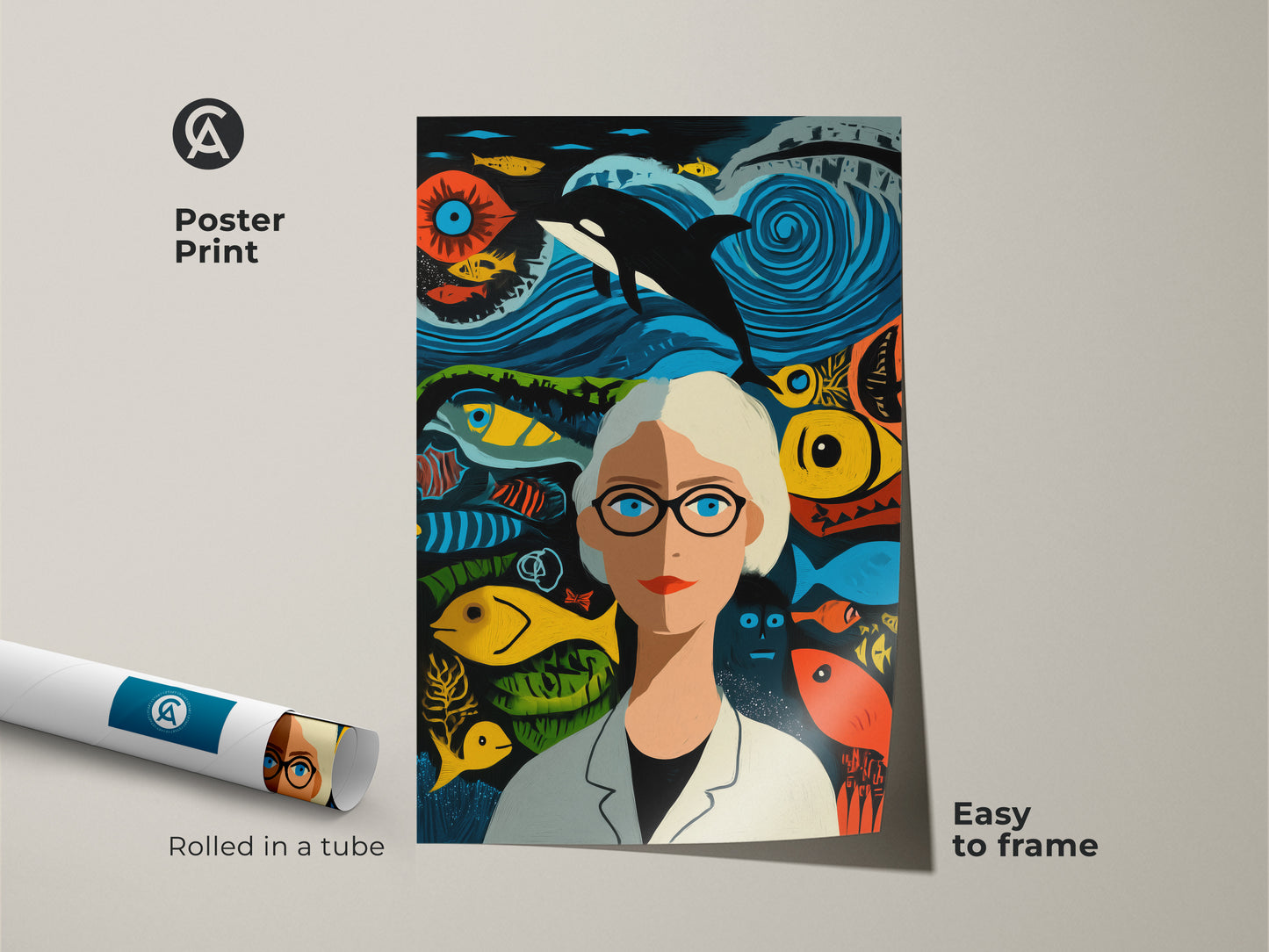 Looking for a unique wall art piece. A poster print of a marine biologist with an orca whale is a great choice. This colorful ocean art is easy to frame. The teal orange and blue artwork adds a splash of color to any space.