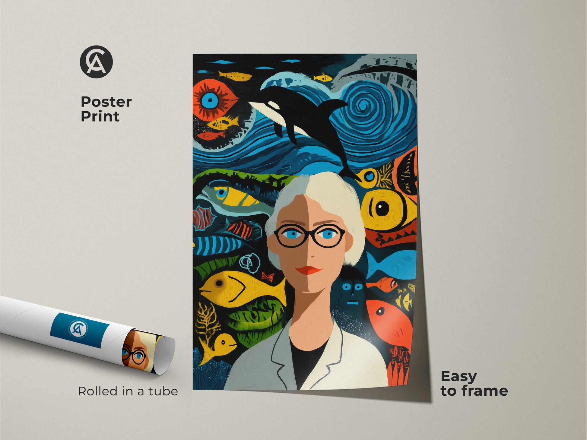 Looking for a unique wall art piece. A poster print of a marine biologist with an orca whale is a great choice. This colorful ocean art is easy to frame. The teal orange and blue artwork adds a splash of color to any space.
