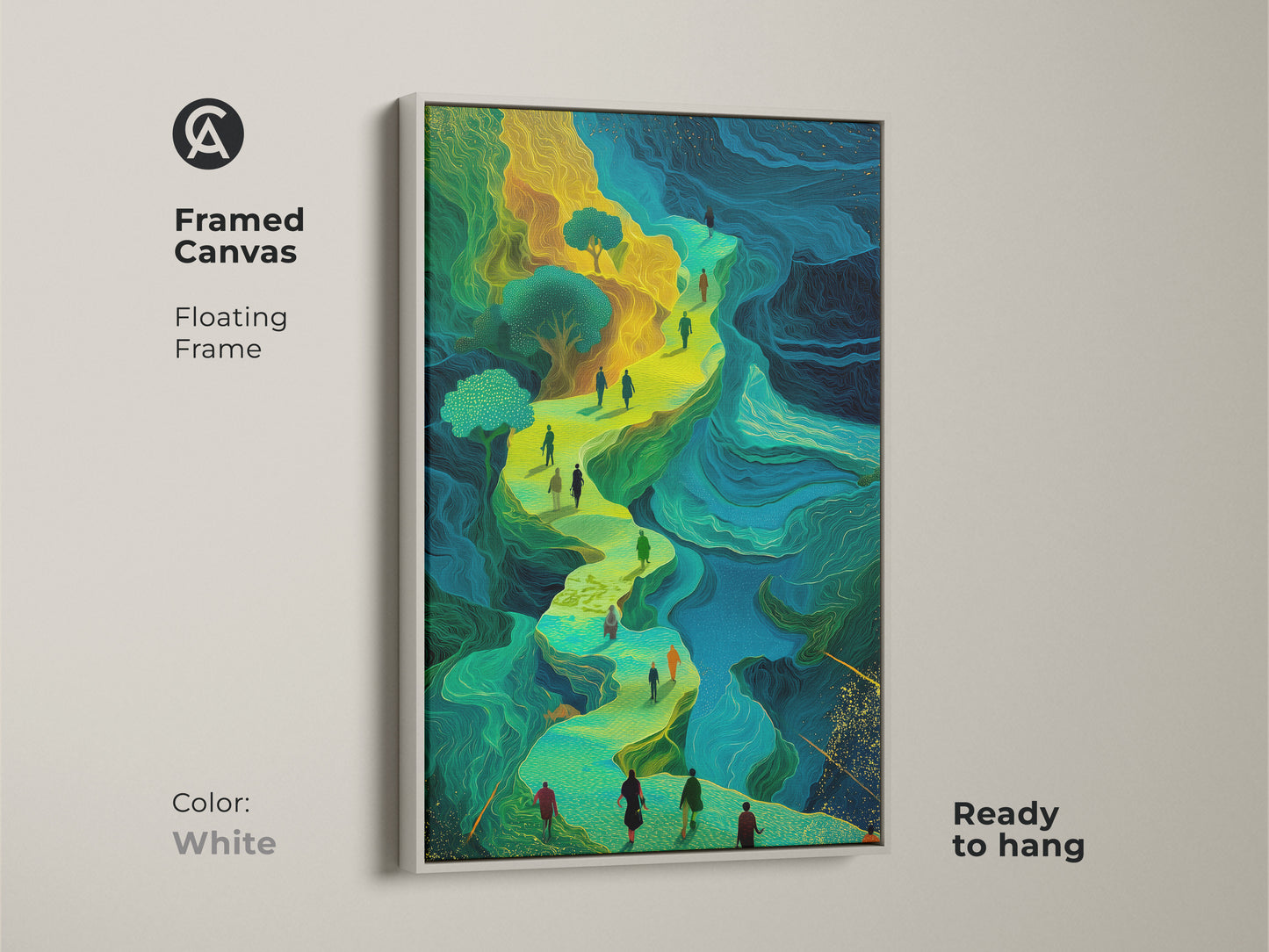 Framed fantasy canvas art shows figures walking a winding path in a surreal landscape. The white floating frame adds a clean look to the emerald green and golden yellow artwork. This abstract figurative print is ready to hang and brings an eclectic touch. Great for study or office decor.