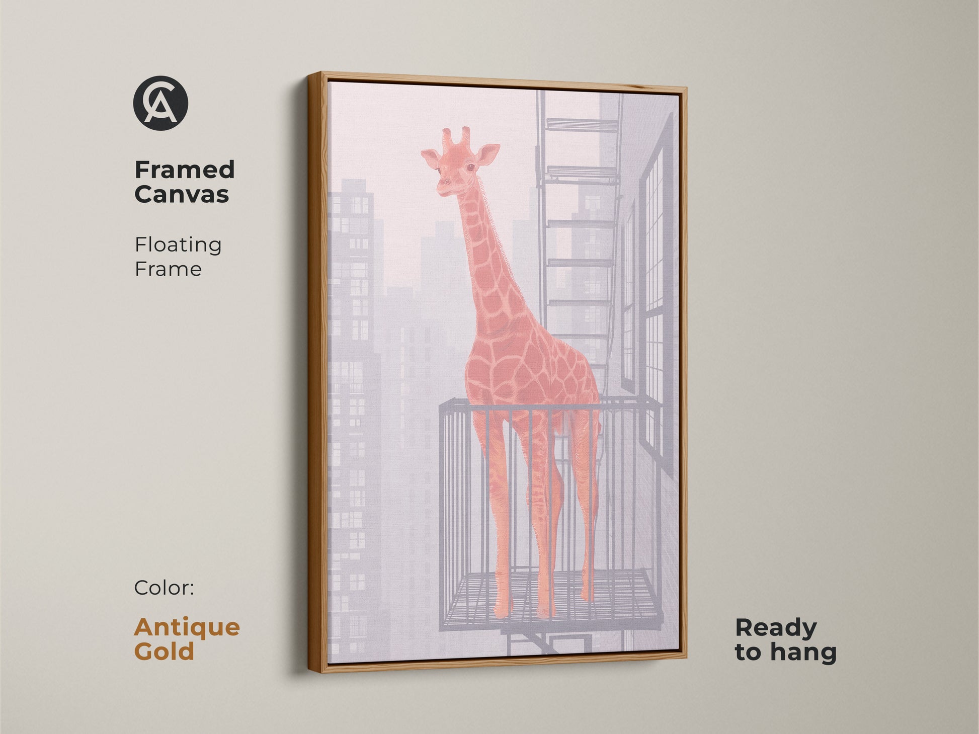 Framed canvas features a floating frame for an orange giraffe abstract artwork. The antique gold frame enhances the contemporary animal artwork. Ready to hang and enjoy stylish giraffe poster.
