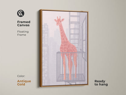 Framed canvas features a floating frame for an orange giraffe abstract artwork. The antique gold frame enhances the contemporary animal artwork. Ready to hang and enjoy stylish giraffe poster.