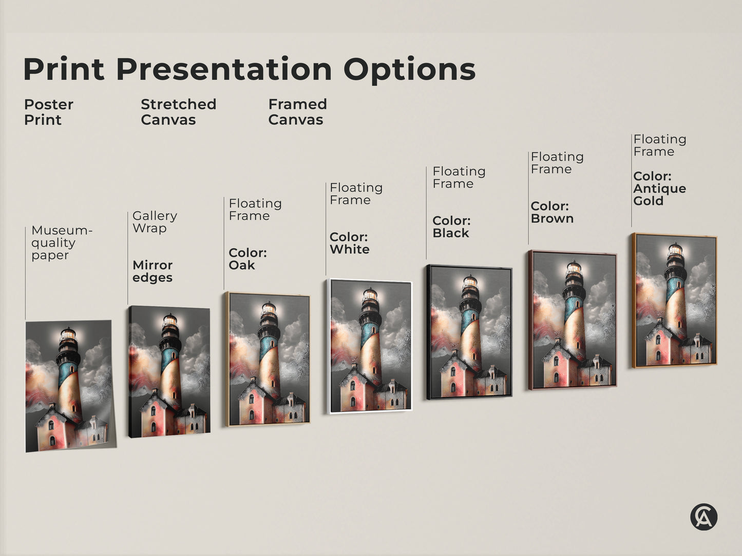 Explore print presentation options for coastal lighthouse artwork. Options include a poster print stretched canvas and framed canvas. Each brings a unique aesthetic to this teal orange and grey artwork. Perfect nautical decor.