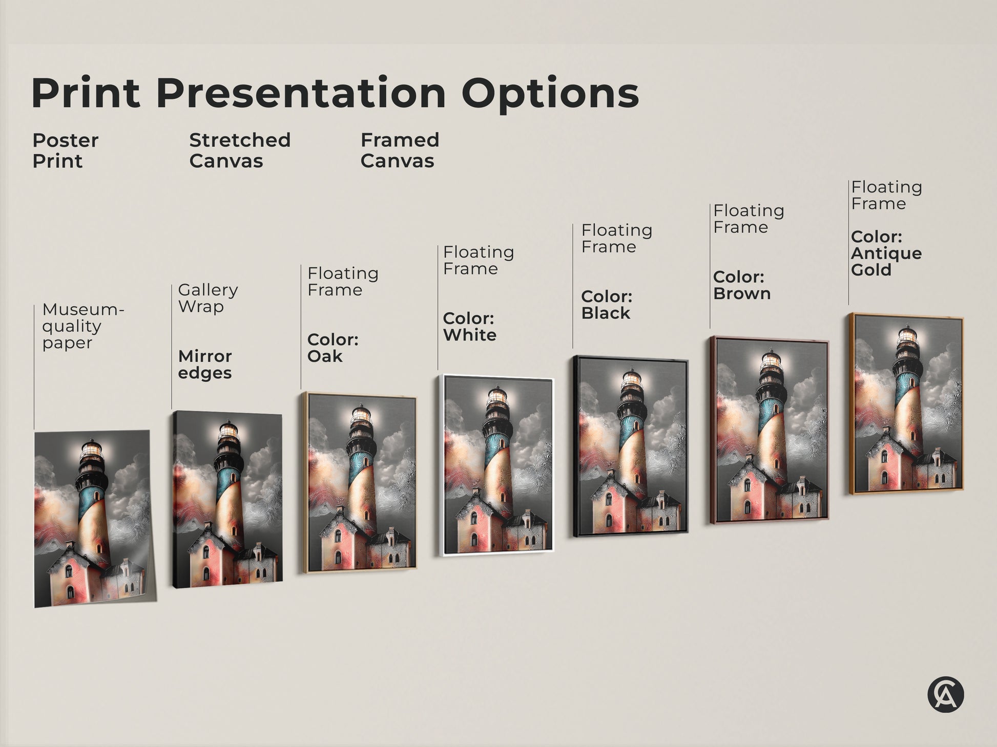 Explore print presentation options for coastal lighthouse artwork. Options include a poster print stretched canvas and framed canvas. Each brings a unique aesthetic to this teal orange and grey artwork. Perfect nautical decor.